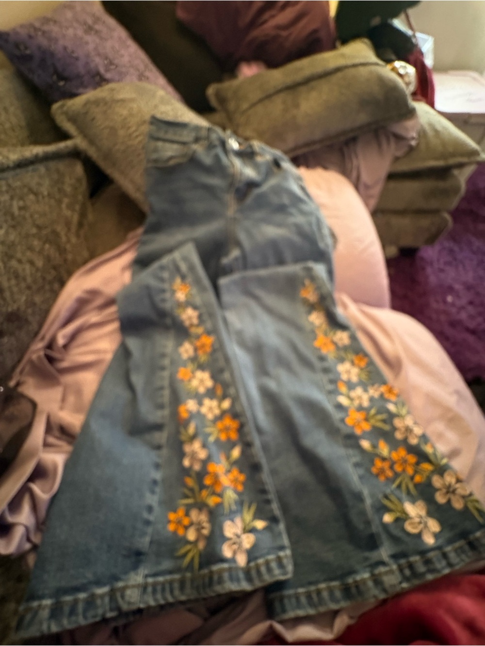 Angel Kiss Blue Flare Jeans with Orange & Cream Floral Embroidery